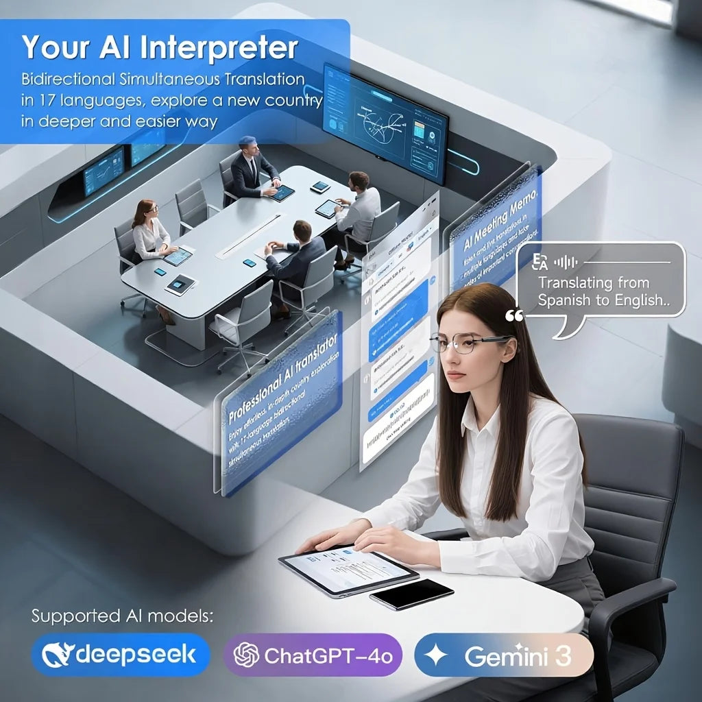 Óculos inteligentes com IA que suportam tradução em tempo real em 164 idiomas; óculos de áudio multifuncionais com microfone e altifalante integrados; lentes com escurecimento automático