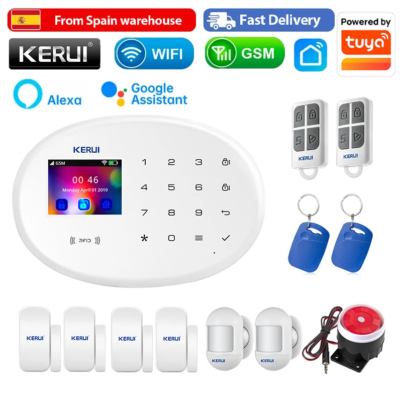 KERUI 433MHZ GSM+WiFi Heimalarm Kommt mit Tuya Smart Anti-Diebstahl Alarme Alarm System Kits Integrierte Batterie Sirene PIR Sensor