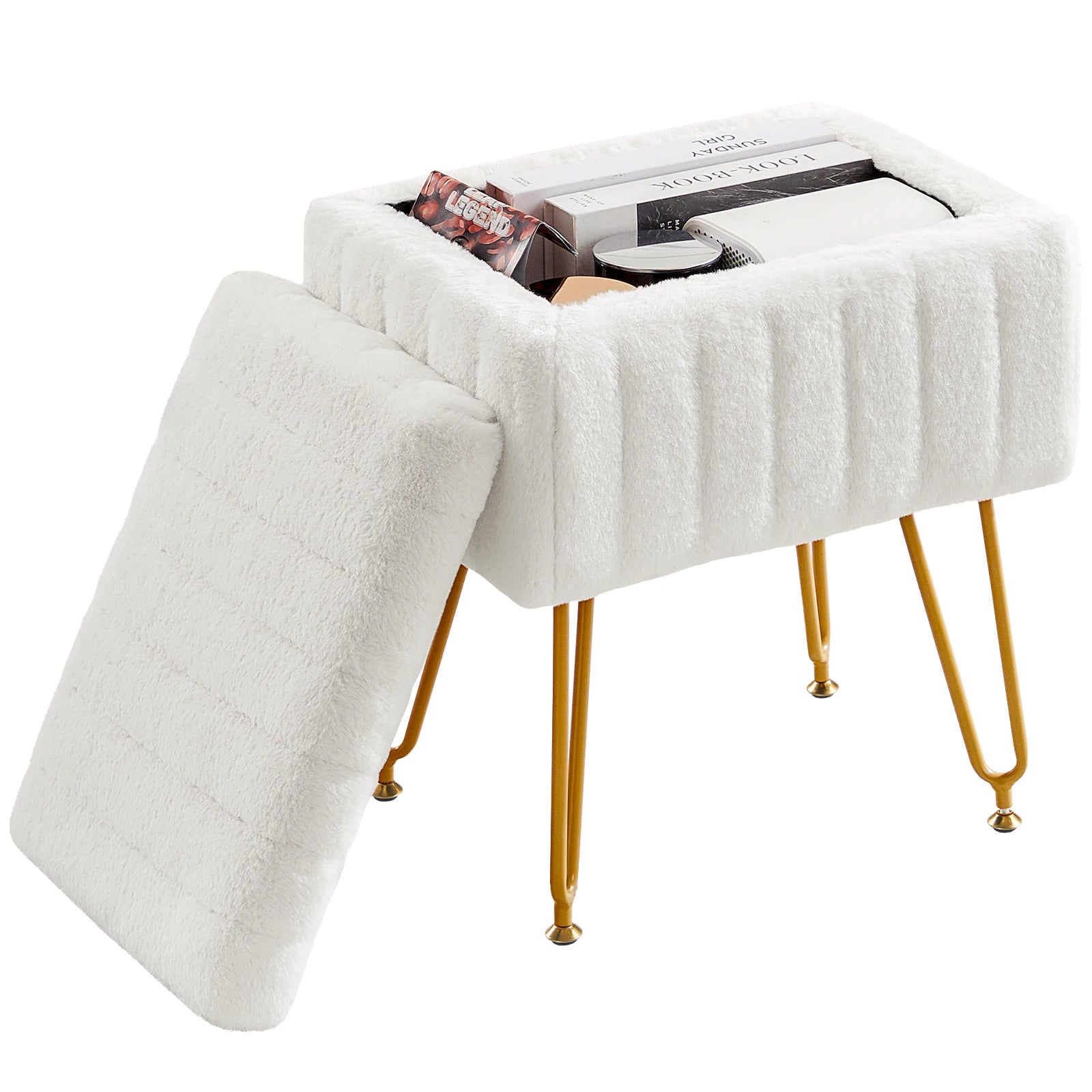 Faux Fur Storage Ottoman Stool with Hidden Compartment & Metal Legs