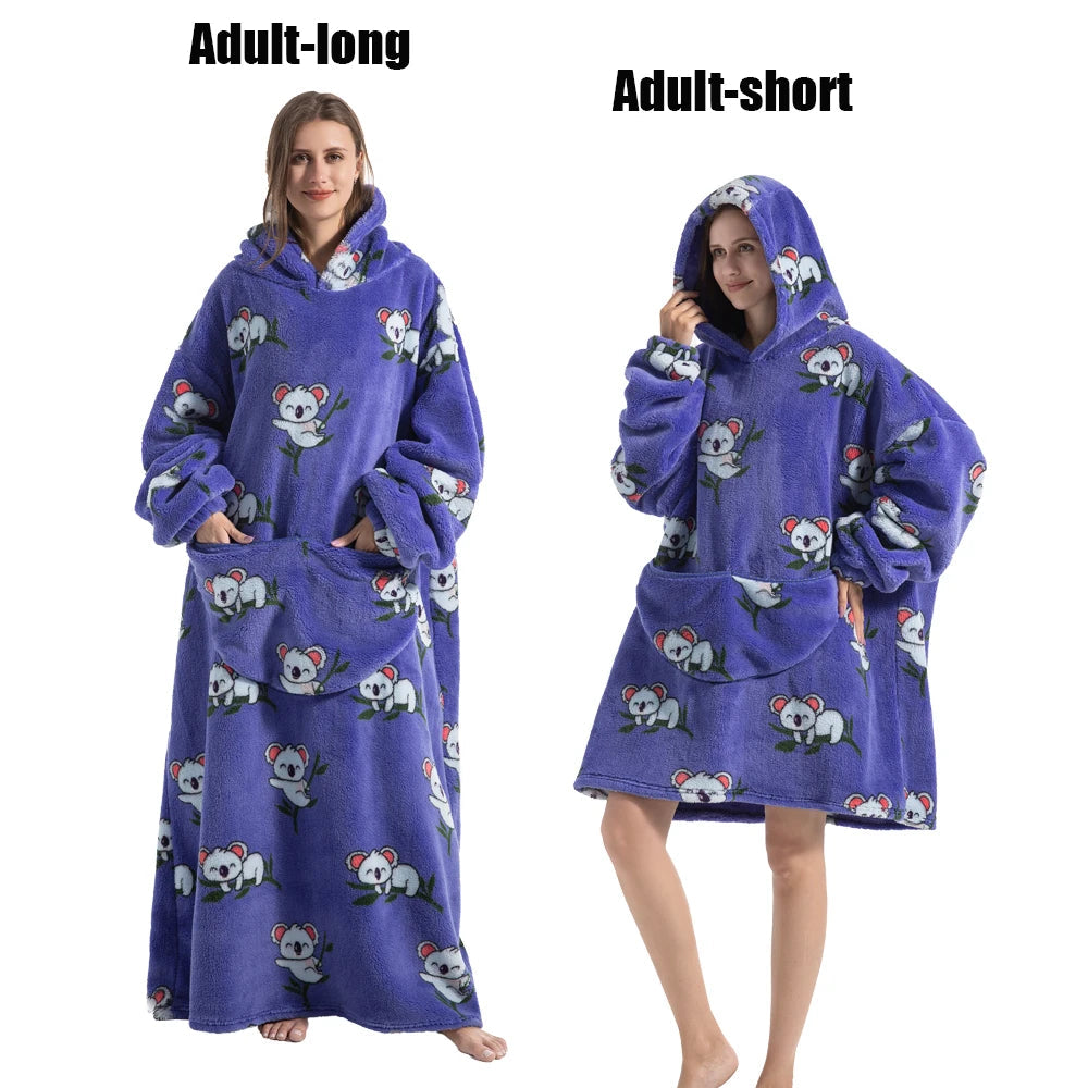 Women Plush Fleece Blanket Men Warm Thick Hoodies Adult Giant TV Blanlets with Sleeves Super Long Cold-proof Homewear Pajamas 