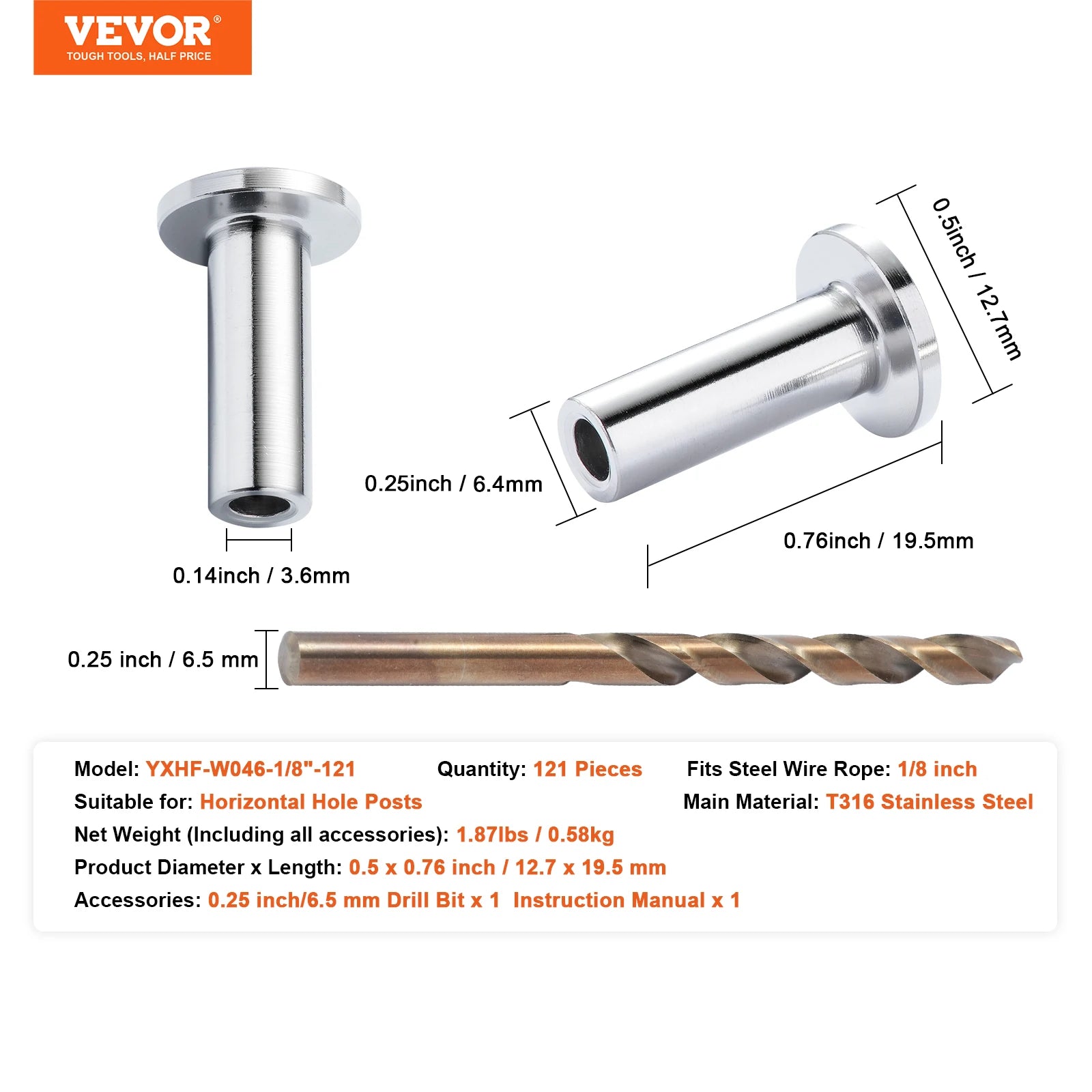 SucceBuy 121/81/101 pack T316 nerezové ochranné návleky pro kabel z ocelového lanového ráhla o průměru 1/8" nebo 3/16"