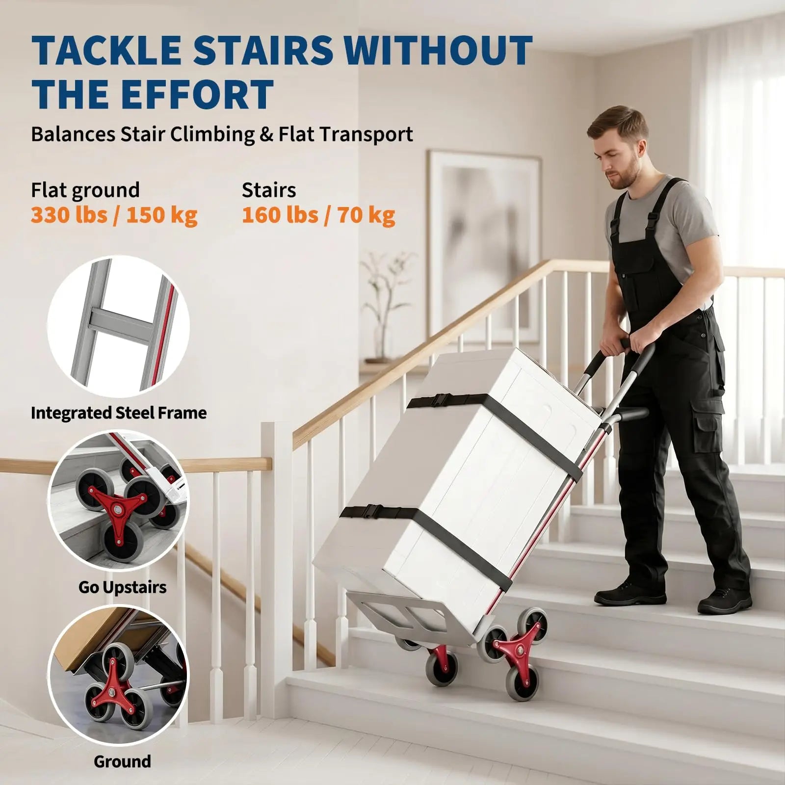 Heavy Duty Stair Climbing Hand Truck 330 lbs, Folding 6-Wheel Cart With Dual Handles, Telescopic Dolly For Moving