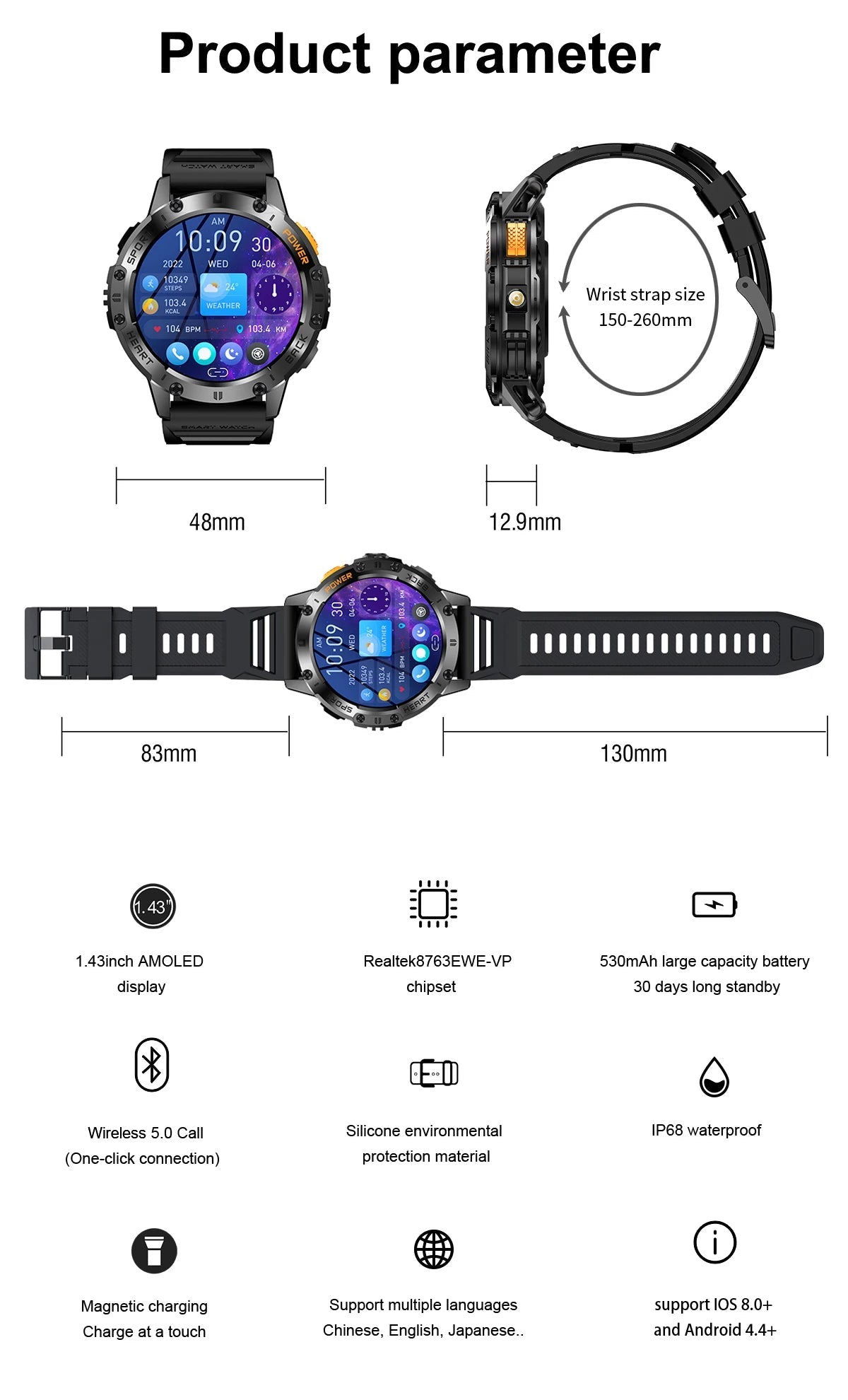 For Android ios New AMOLED Smart Watch Men with Flashlight Sports Waterproof Fitness Tracker Bluetooth Call Smartwatch Man+Box 