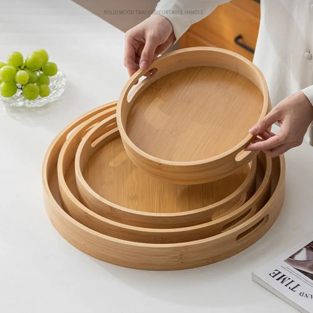 Round Wooden Serving Tray with Handle, 25 to 40 cm