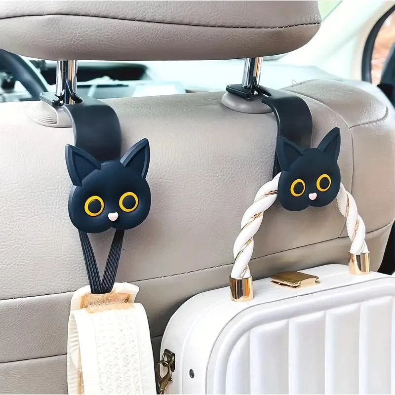 2pcs Adorable 3D Cartoon Cat Car Seat Headrest Hooks - Universal Vehicle Storage Organizer for Handbags, Purses, Coats - Cute Ca 