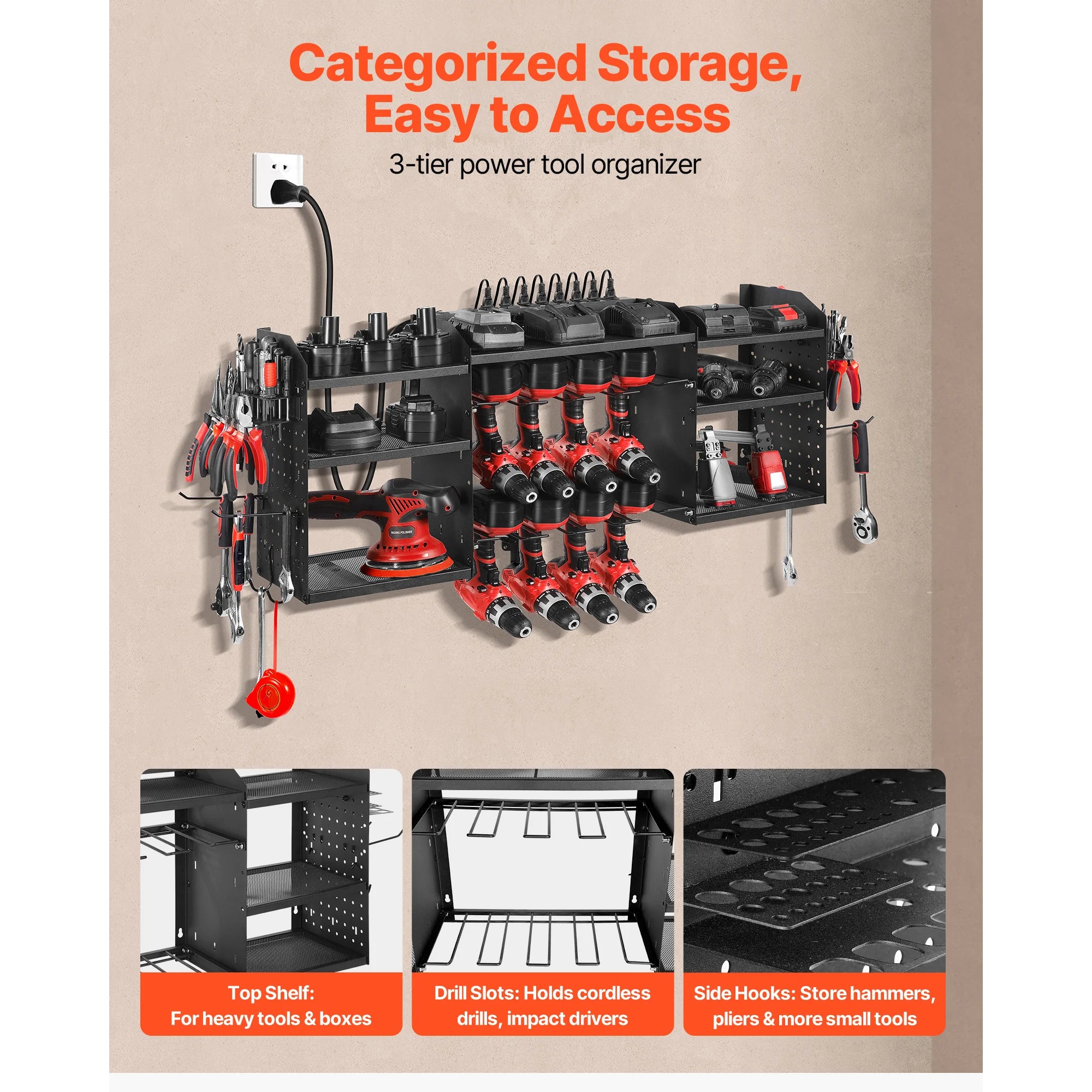 3-Tier Power Tool Organizer with 8-Outlet Charging Station Rack
