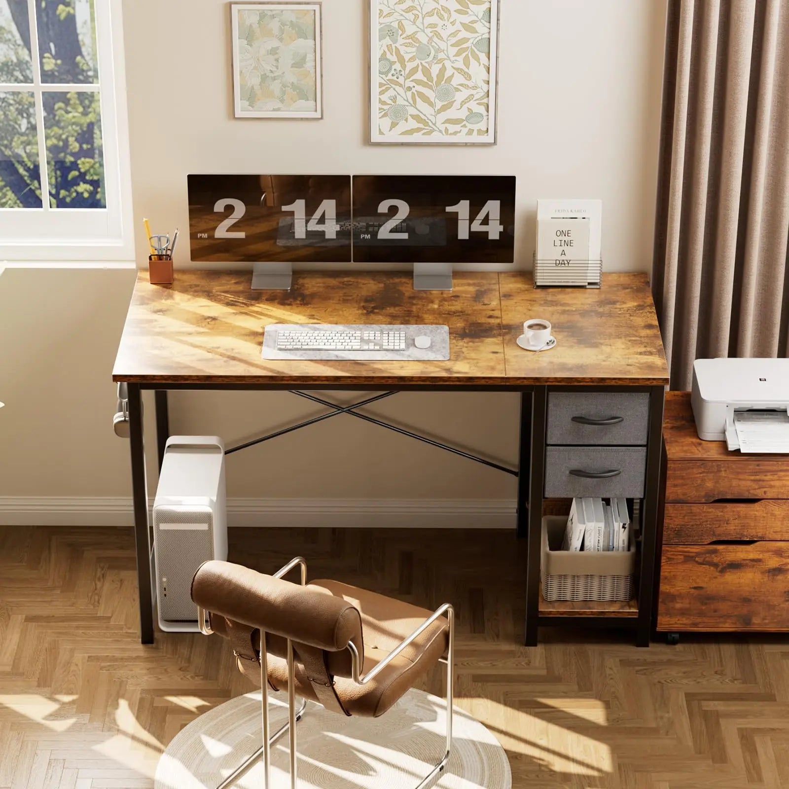 Modern Computer Desk with Drawers and Adjustable Storage Shelf