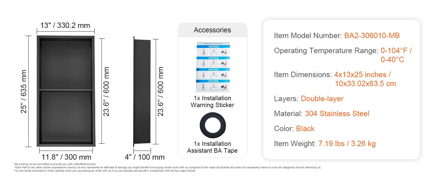 Stainless Steel Shower Niche with Double Shelves
