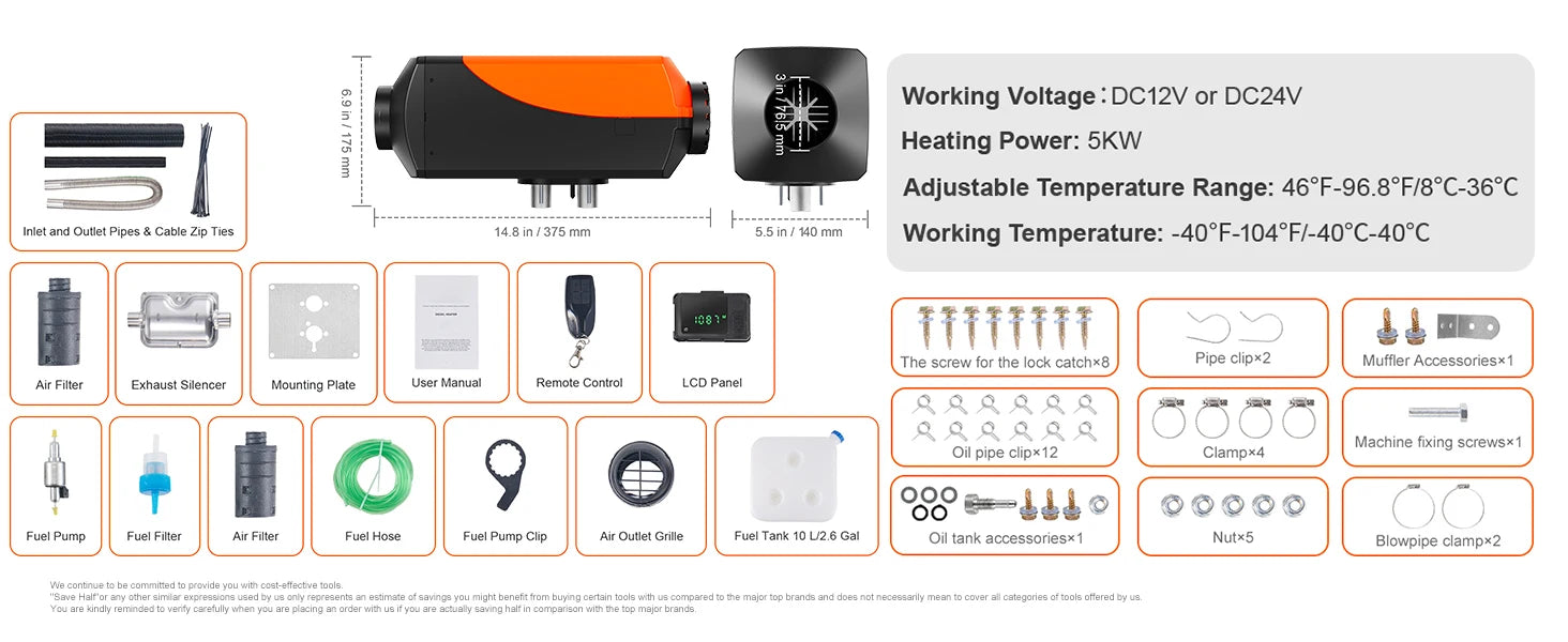 12V dieselvärmare med fjärrkontroll för bil, husbil och lastbil