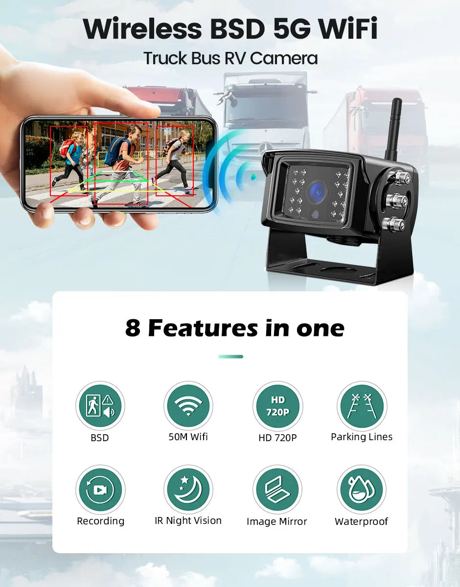 5G WiFi Truck Backup Camera 720P Night Vision for RV Bus Trailer