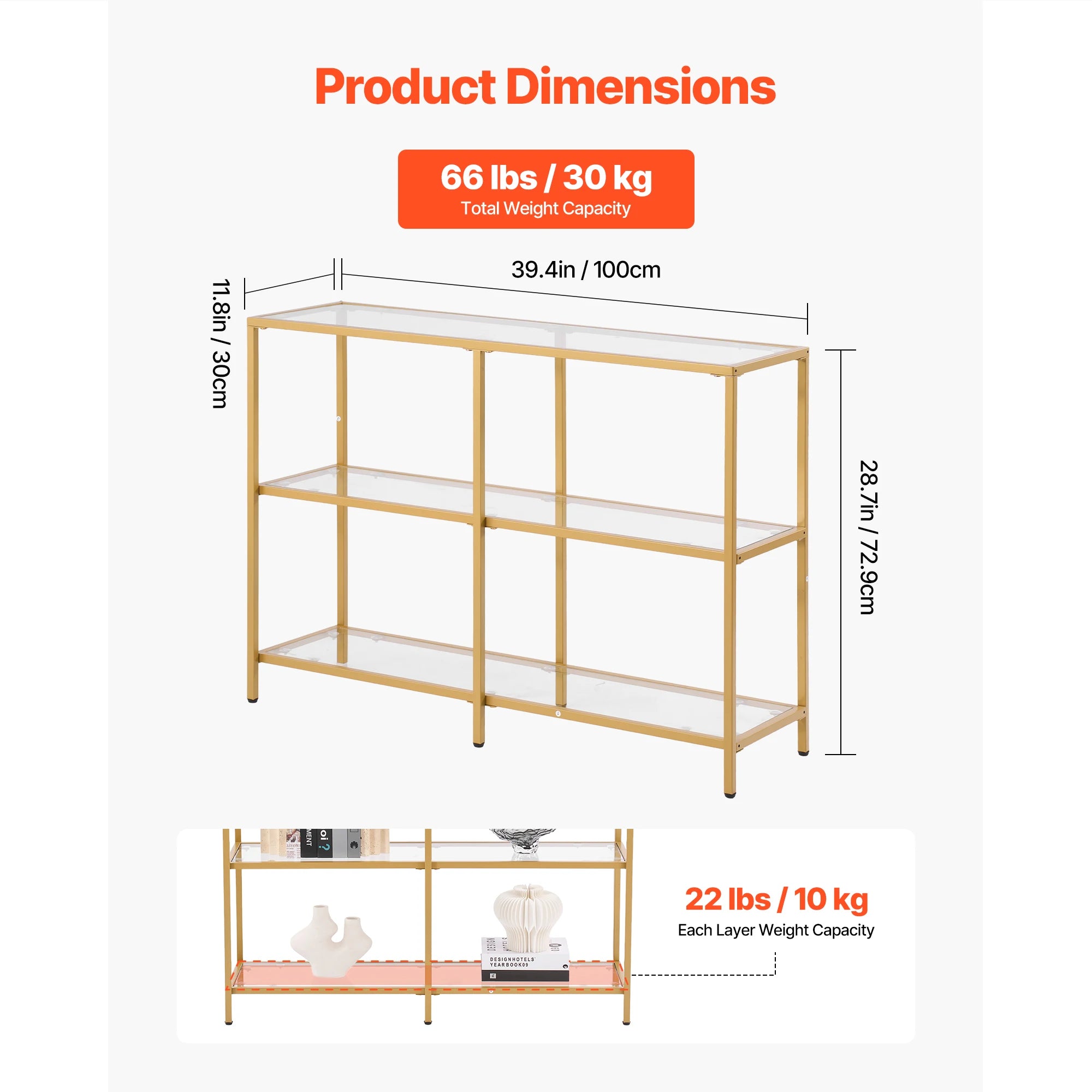 Modern Glass Console Table with Metal Frame, Multi-Tier Storage