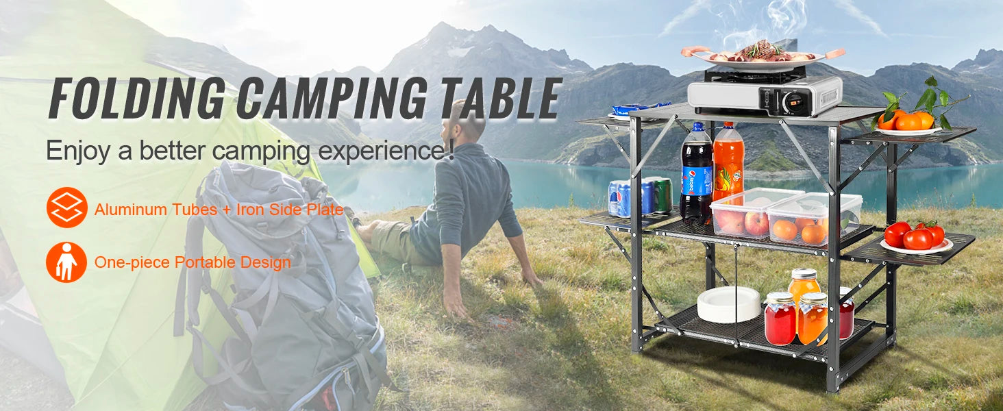 SucceBuy Camping-køkkentafel i ét stykke - sammenklappelig bærbar kogestation af aluminium til camping, udendørs picnics og BBQ