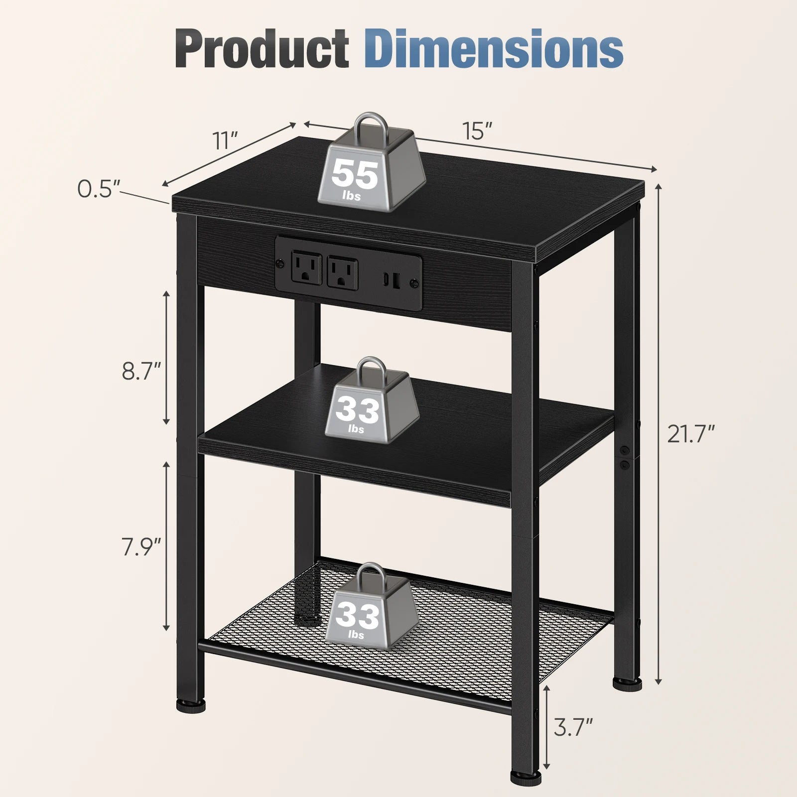 3-Tier Side Table with Charging Station and Adjustable Shelves