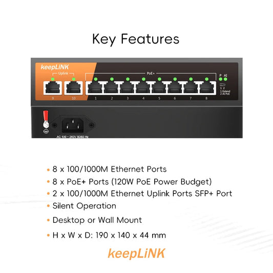 KeepLiNK 10-Port Gigabit Switch with 8-PoE and 2-RJ45 for Uplink Unmanaged Plug and Play Spy-shop.com