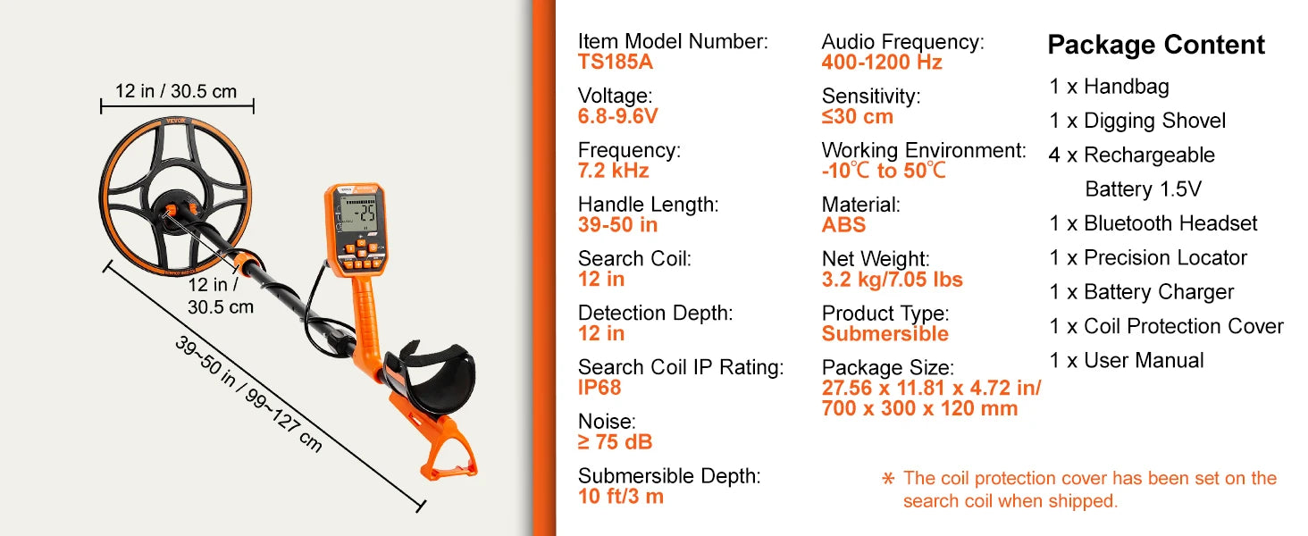 Professional Waterproof Metal Detector with 12" Coil & 7 Modes
