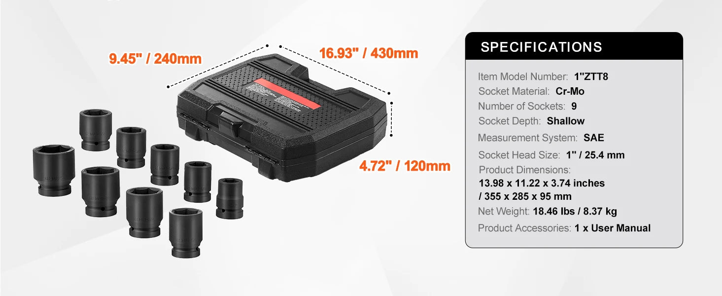 SucceBuy Axle Nut Impact Socket Set Drive Deep 6-Point 8-Piece SAE Spindle Nut Socket Set CR-MO Heat Treated Large Socket Set