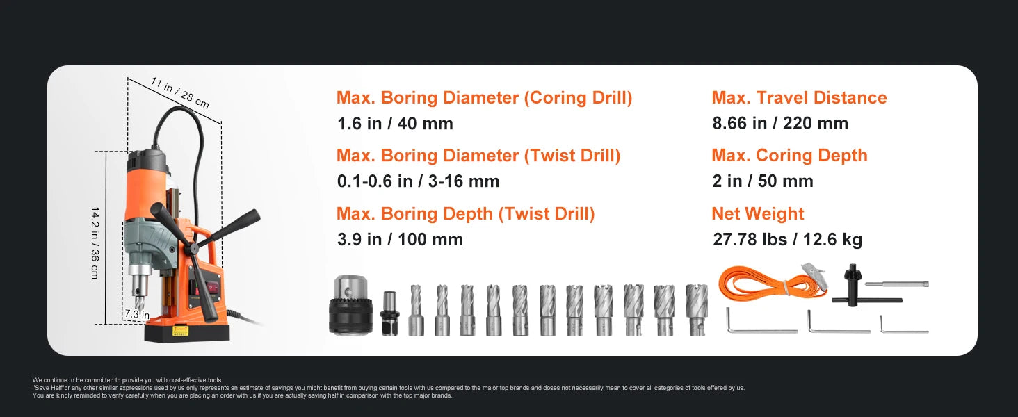 1450W magnetboremaskine med 11 dele bits, 1,6 tommer kapacitet