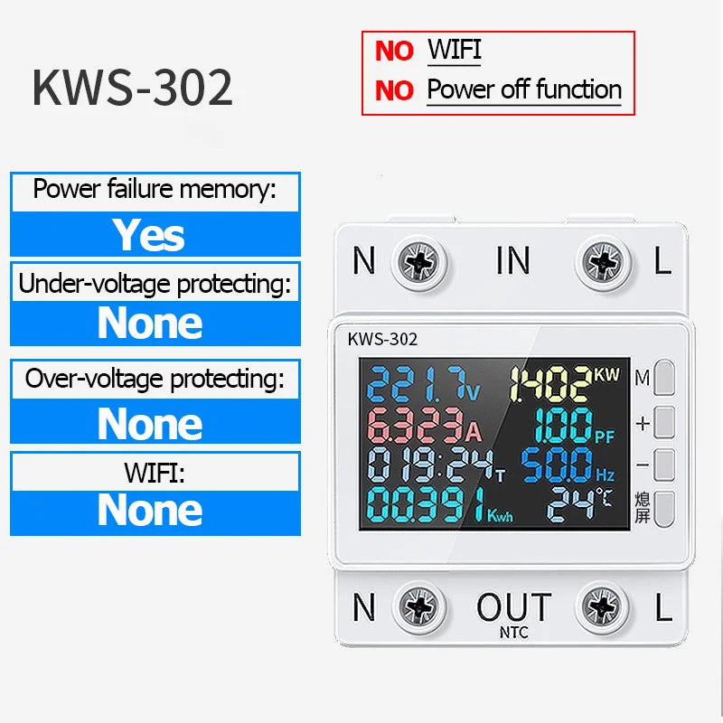 Tuya WiFi 8in1 Power Meter 2P AC Energy Meter APP Control 170-270V/63A Voltage and Current Meter Electricity Meter Smart Life 