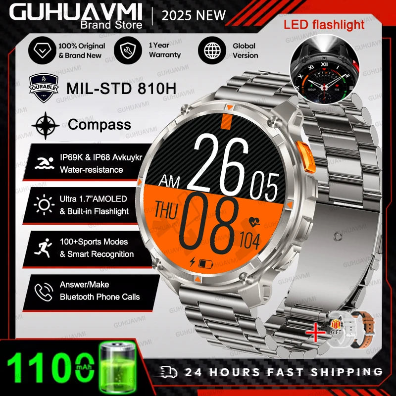 Outdoor Bluetooth Anruf-Smartwatch mit Kompass & Taschenlampenfunktion