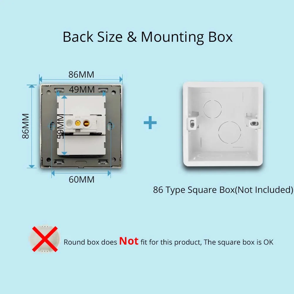 Opções de interruptores e tomadas Wallpad de 86 x 86 mm