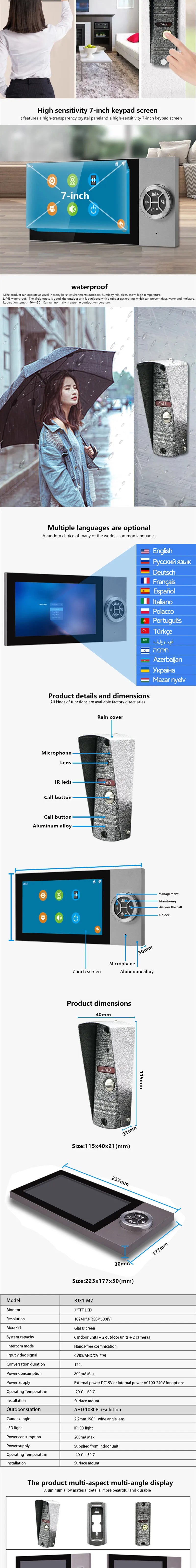 7 Pouces 4-Filaire AHD WIFI Video Portier Intercom 1080P HD Visible Doorbell avec application Tuya Contrôle à distance et Visualiseur d’interstice