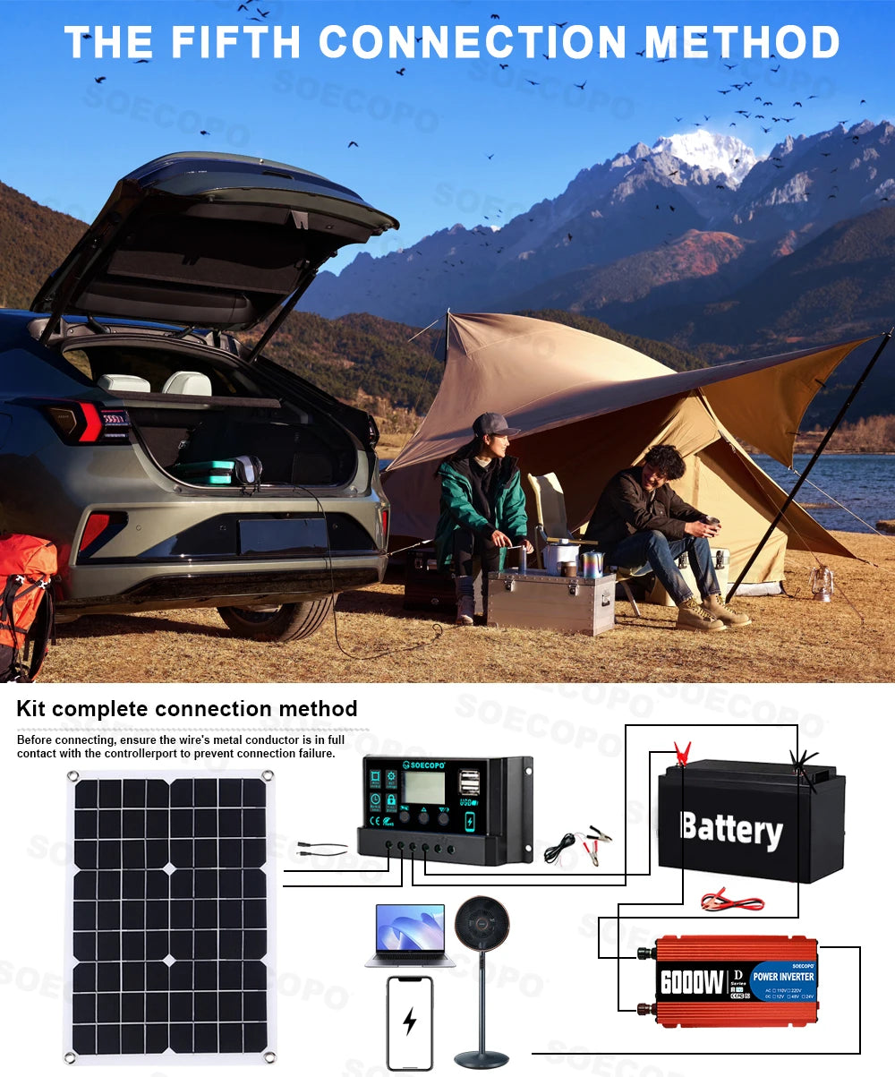 6000W solární systém 500W panel 100A regulátor krokodýlí svorky karabiny háčky 12V na 110V/220V měnič pro domácnost a karavan CE FCC
