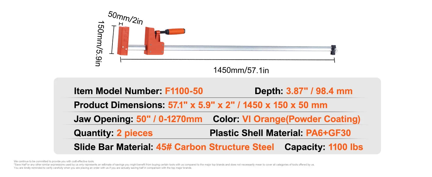 SucceBuy bøjle-klemmer 2 stk. 50" parallelle klemmer sæt F-klemme med belastningsgrænse 1100 lbs højstyrke plast og kulstofstål træklamp