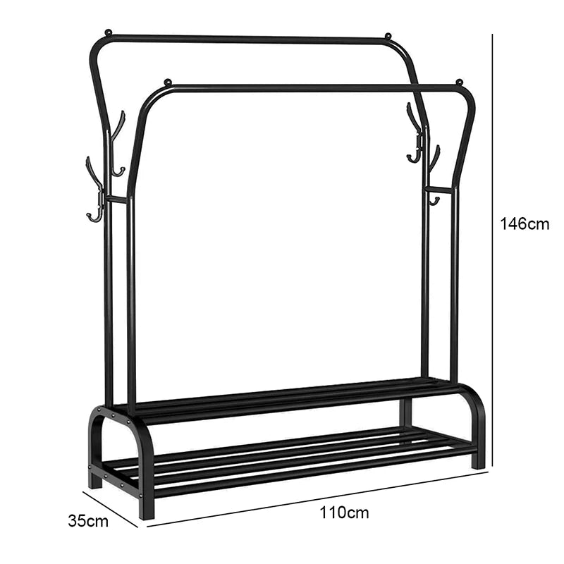Double Rail Standing Clothes Rack with Storage Shelves