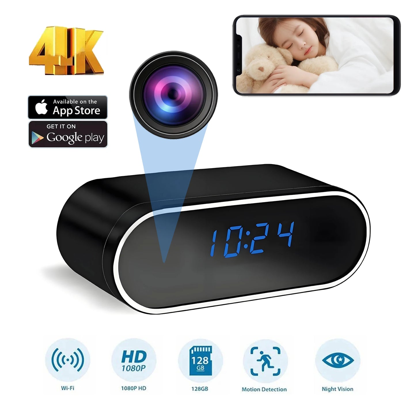 1080P WiFi Mini Camera Full HD Clock Camera with Movement Detect Night Vision for Home and Office Surveillance Spy-shop.com