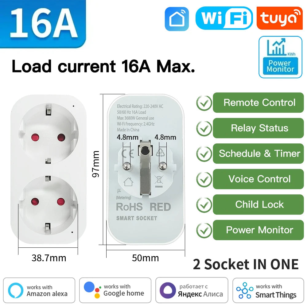 TNCE TUYA Smart Plug WiFi or Zigbee3.0 Socket EU 16A/20A Power Monitor Timing Function Voice Control Work With Alexa Google Home 