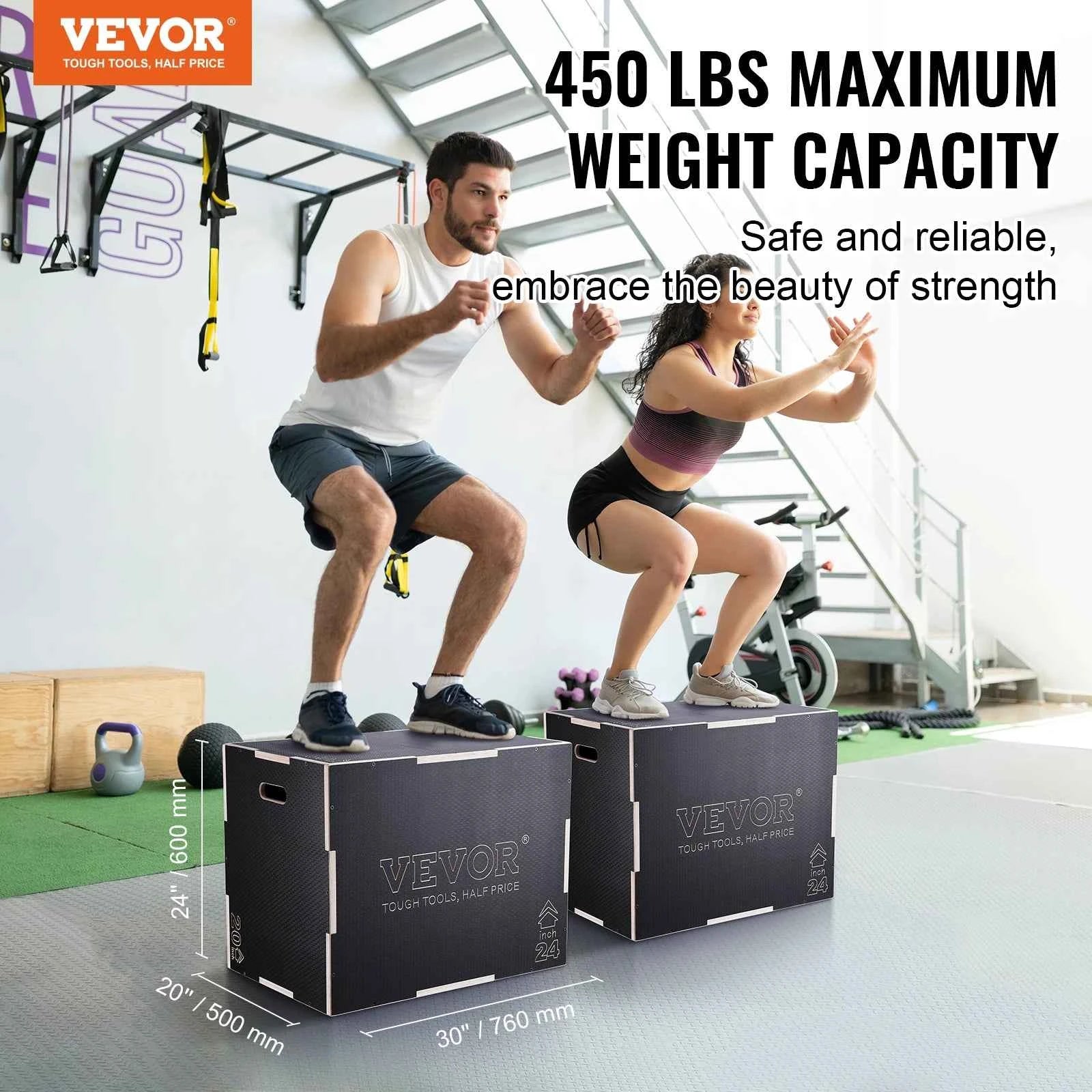 VEVOR 3 in 1 Plyometric Jump Box Wooden Plyo Box Black, Anti-Slip Surface for Home Gym Training Conditioning Strength Training