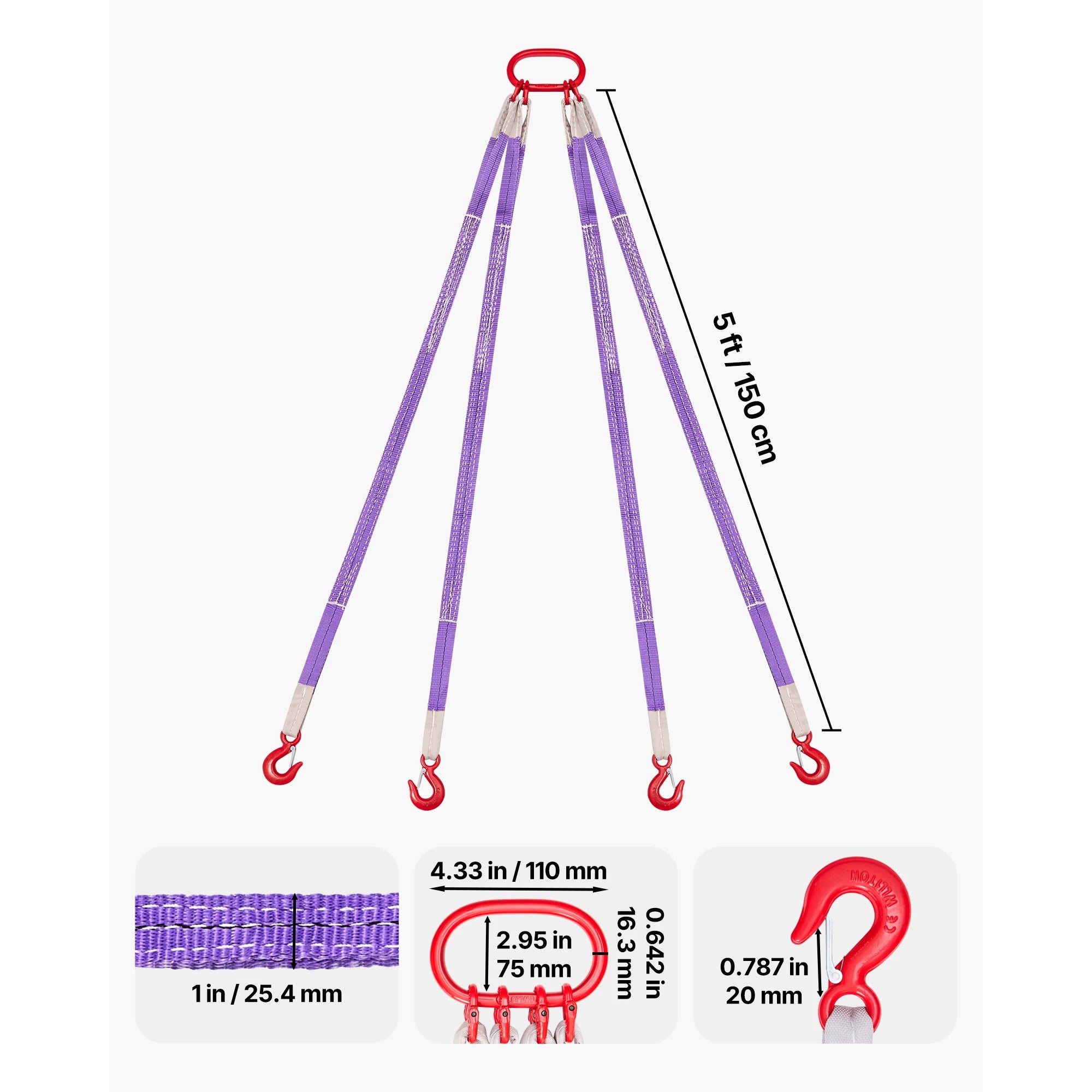 SucceBuy 5ft Lifting Sling Straps 4 Leg Polyester Bridle Sling with Hooks Rigging Strap Thickened Webbing Slings for Cranes