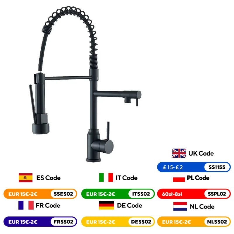 Black Kitchen Sink Faucet Pull Down Hot and Cold Water Mixer2 Mode Tap with Dual Spout 360 Rotation Flexible Deck Mounted 