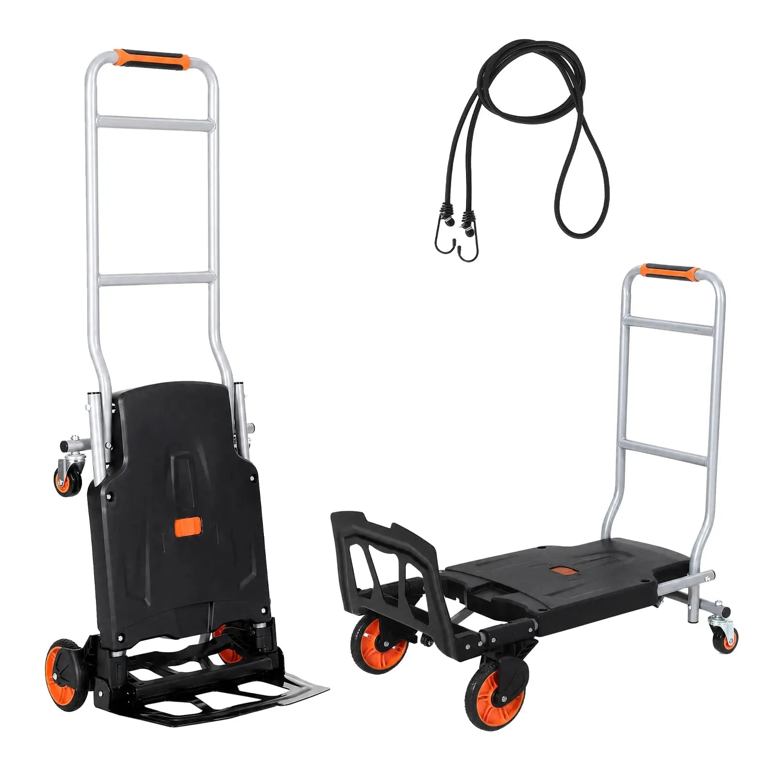 Carrinho dobrável 2 em 1 de mão e plataforma, carrinho de transporte resistente de 150 kg, carrinho de alumínio e aço com rodas de travão a 360°