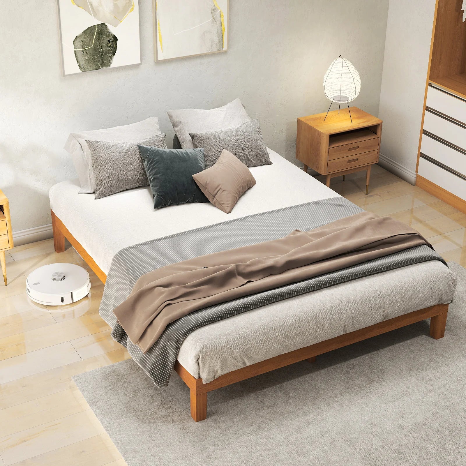 Solid Wood Queen Bed Frame with Slats, No Box Spring Needed