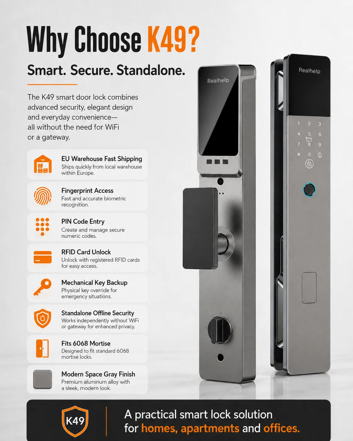 Realhelp K49 Smart Door Lock 6068 Mortise Fingerprint Door Lock PIN Code RFID Card Keyless Entry Electronic Lock 4200mAh Rechargeable Battery Standalone Security for Home Apartment Office EU Warehouse