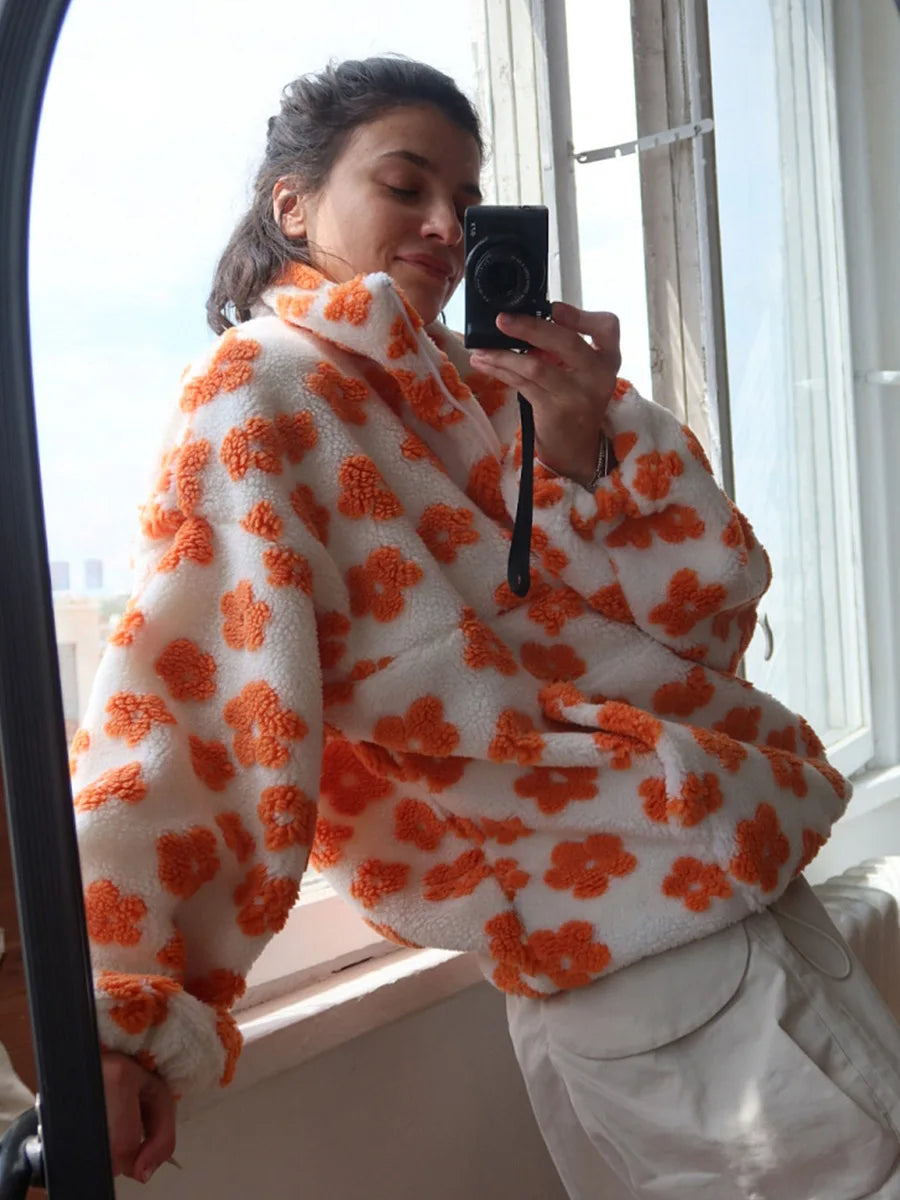 Dames Floral Sherpa Halve Rits Trui – Comfortabele Loszittende Sweater