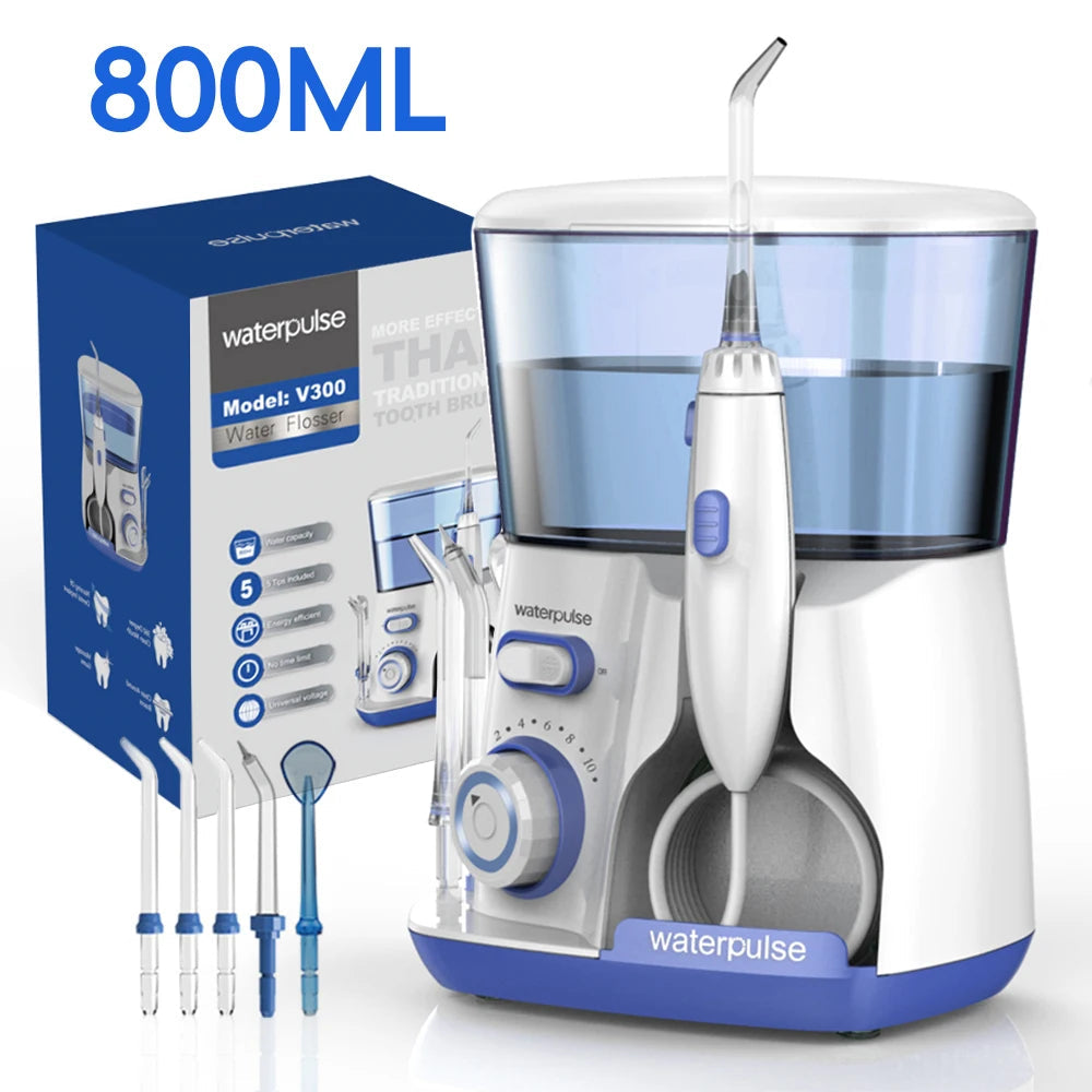 Waterpulse Electric Water Flosser Oral Irrigator, 800ML Large Capacity Dental Water Hygiene Flossing Teeth Cleaner with 5x Tips 