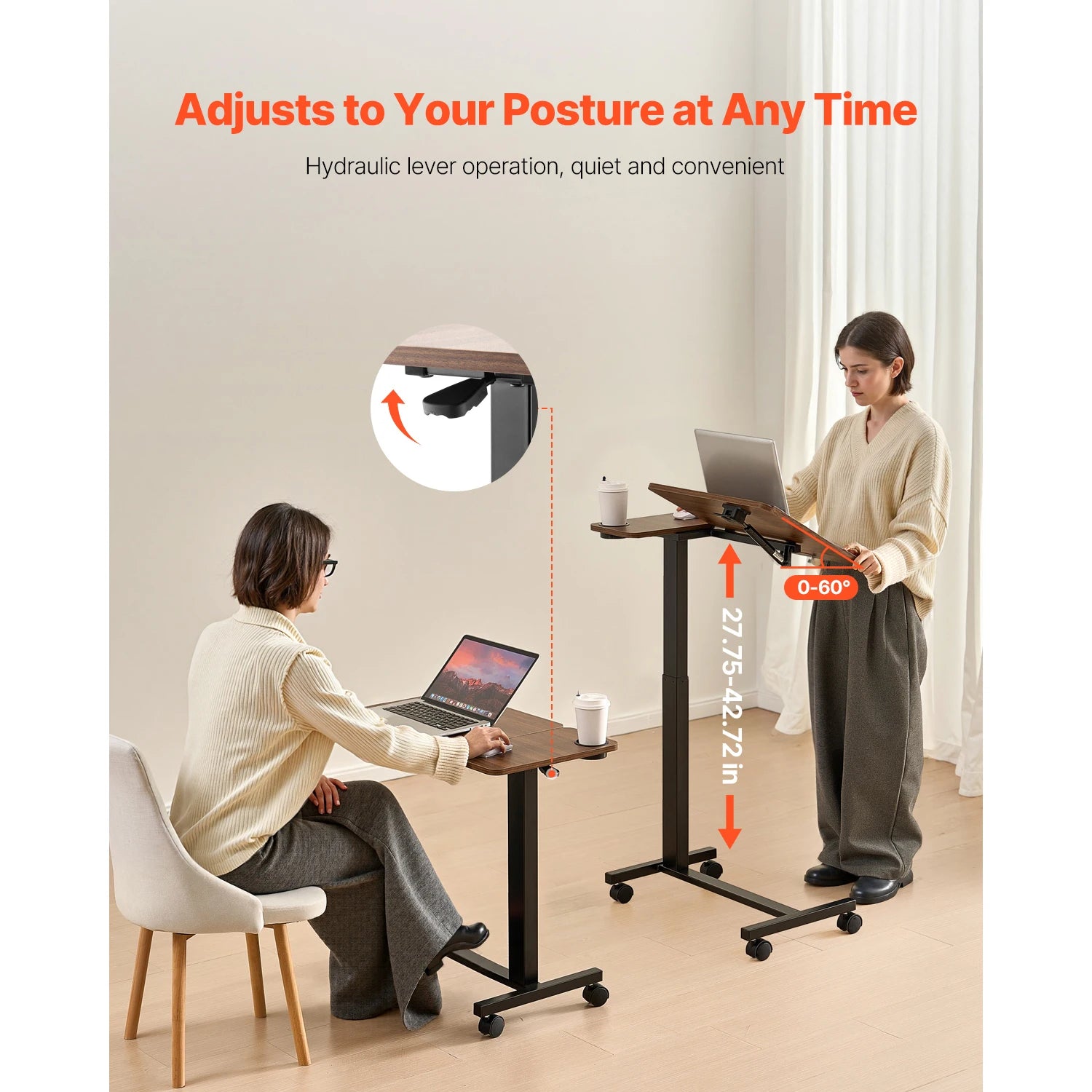 Adjustable Overbed Table with Wheels & Tilt Top for Bedside Work