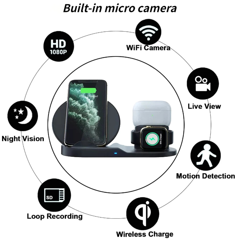 1080P HD WIFI Mini Camera Wireless Charger Camera Mobile Phone Charging Stand Camera Motion Detection Home Security Nanny Camera Spy-shop.com