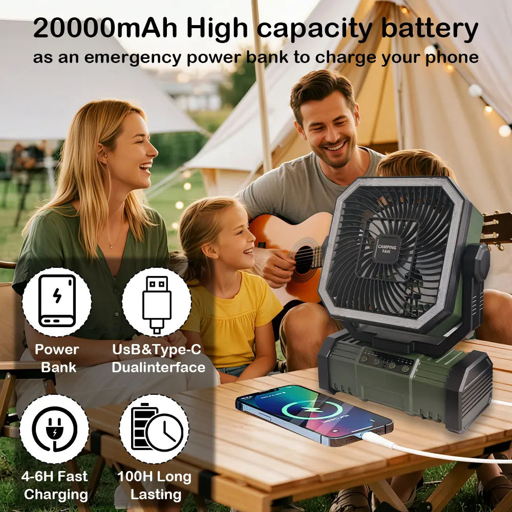 20000 mAh velká kapacita baterie LED světlo kempování ventilátor odnímatelný bezdrátový vzduchový cirkulátor venkovní ventilátor s háčkem