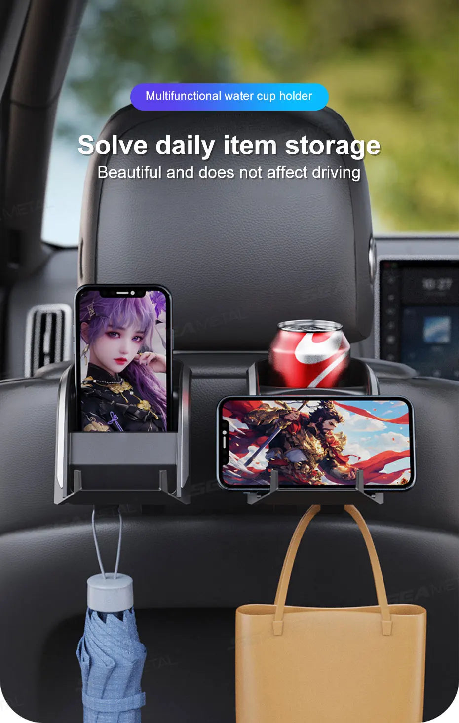 SEAMETAL 3 in 1 Car Headrest Cup Holder Car Rear Row Drink Holder Phone Mount Storage Organizer Large Load-Bearing Stable Hook