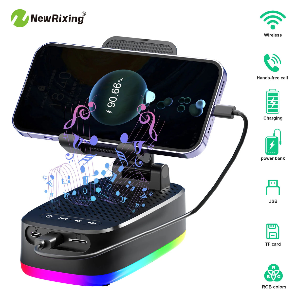 Wireless Phone Holder, Portable Speaker, Speaker Phone Holder, Emergency Power Bank, 1800mAh Battery, USB Charging, Hands-Free