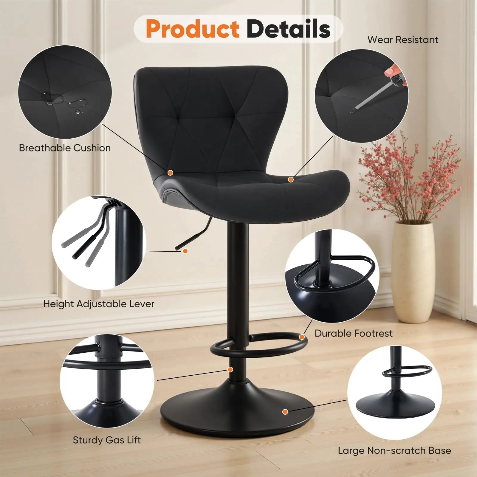 Adjustable Faux Leather Bar Stools Set of 2 with Comfort Backrest