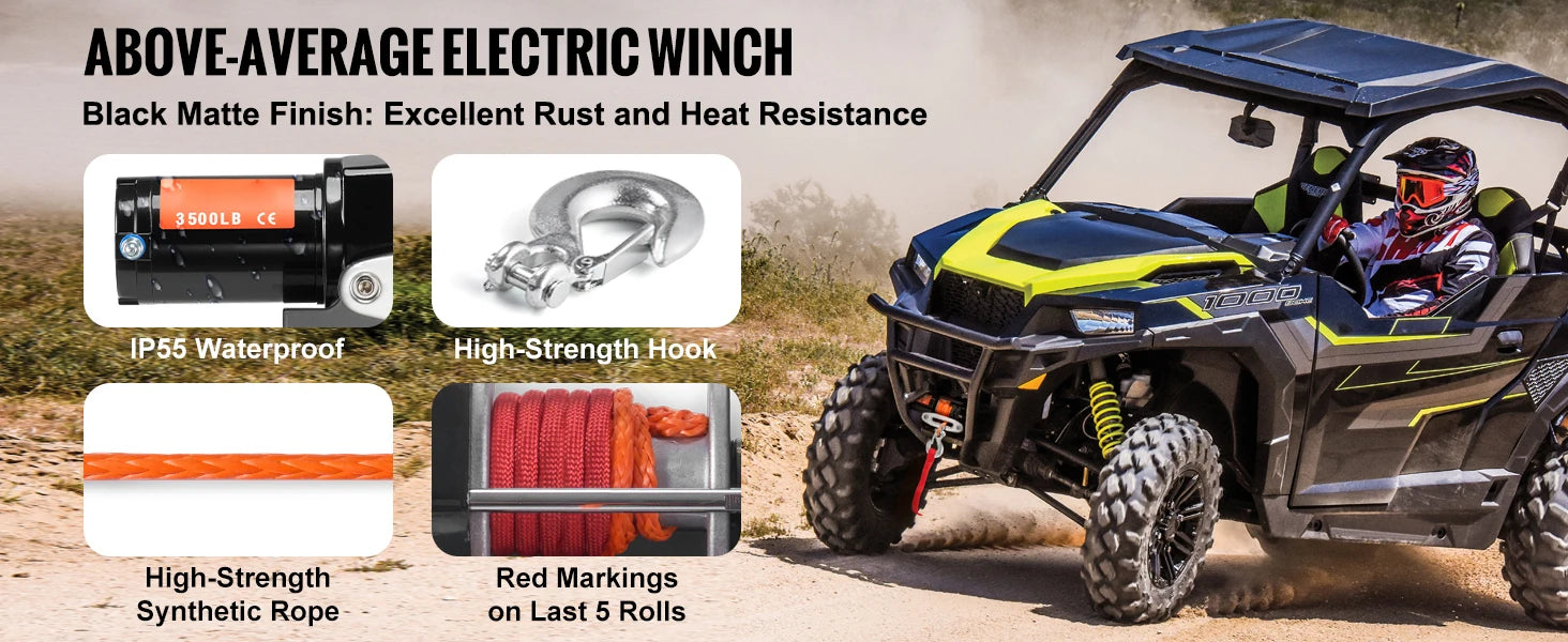 Verricello elettrico per ATV da 3500 lbs con fune sintetica da 39 ft e controllo cablato