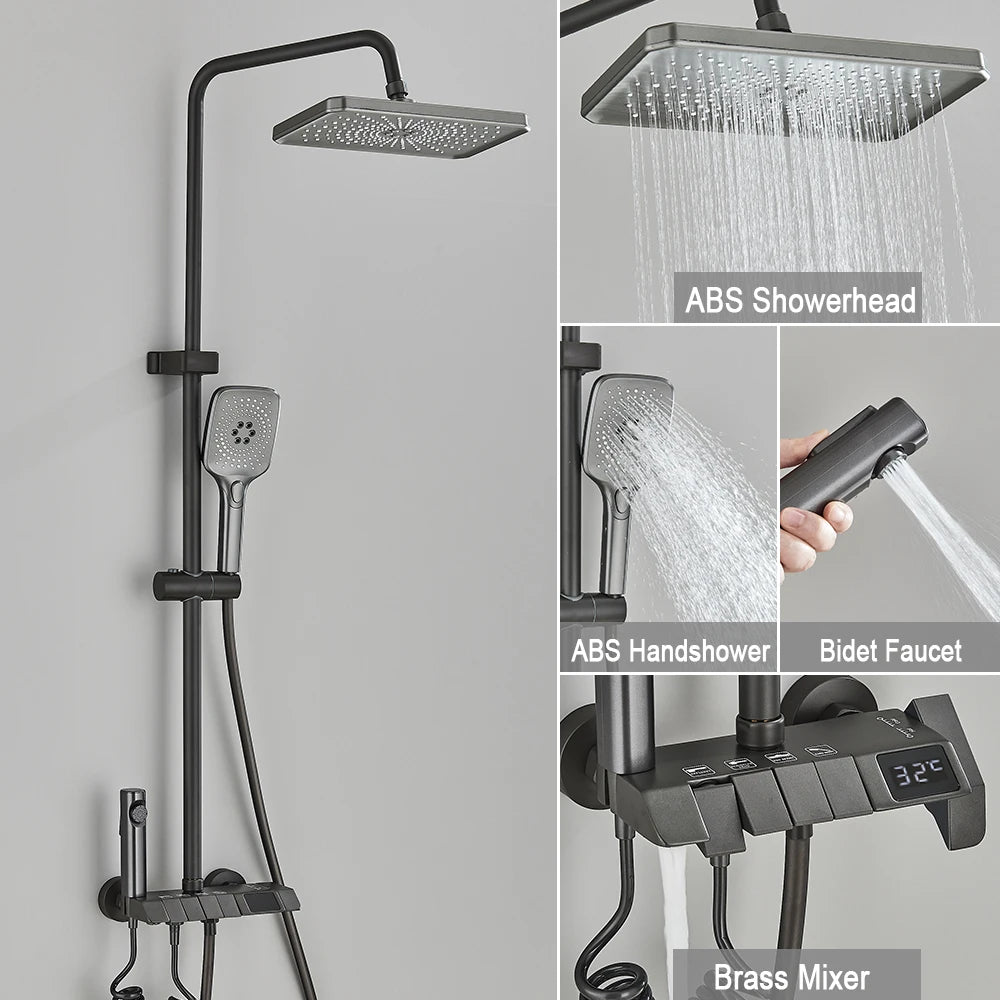 Black Digital Shower Set with Rainfall Head and Hand Shower