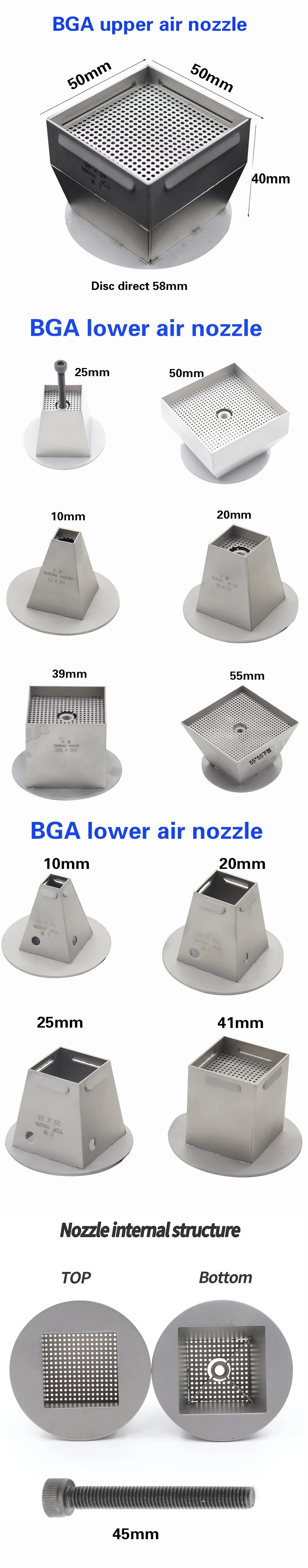BGA Upper part bottom Hot Air Nozzle For Honton Zhuomao SCOTLE-HR6000 Station 15*15 20*20 25*25 30*30