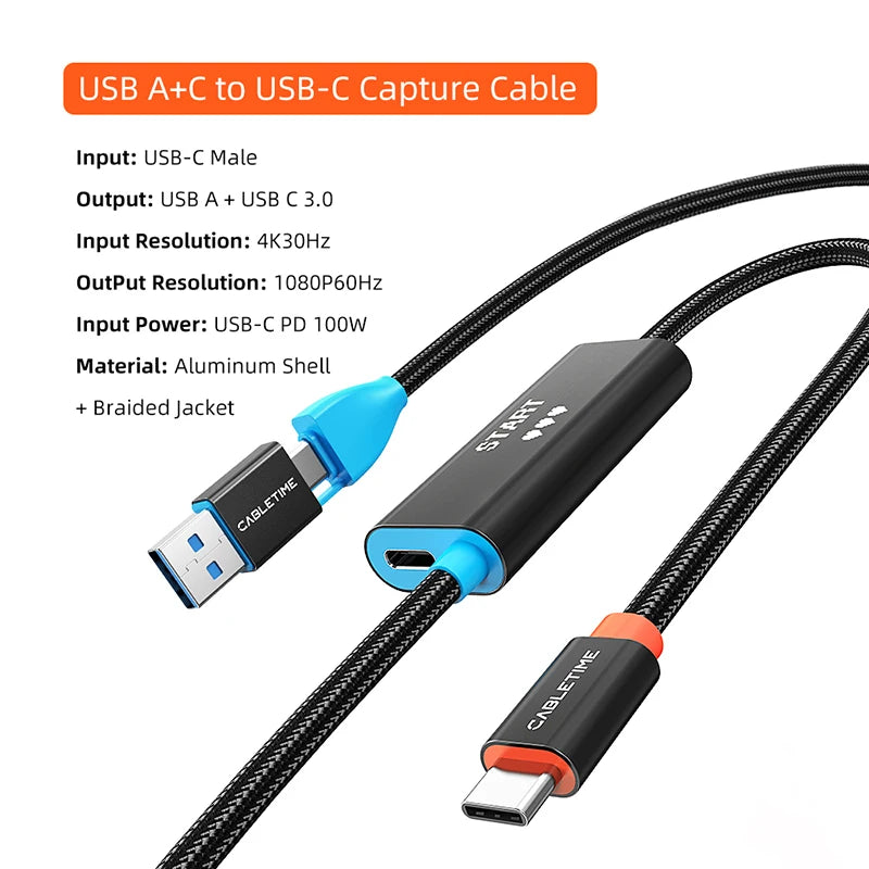 Cabo de captura e carregamento CABLETIME USB-A/USB-C para USB-C