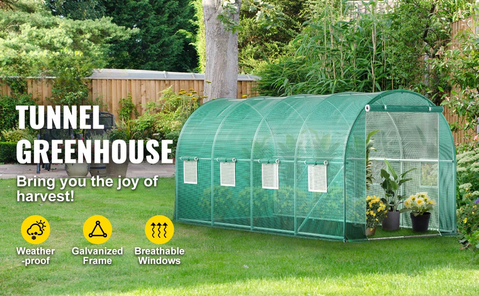 SucceBuy Walk-in Tunnel Greenhouse Galvanized Frame & Waterproof Cover 15x7x7/10x7x7/20x10x7/12x7x7 ft Greenhouses & Cold Frames