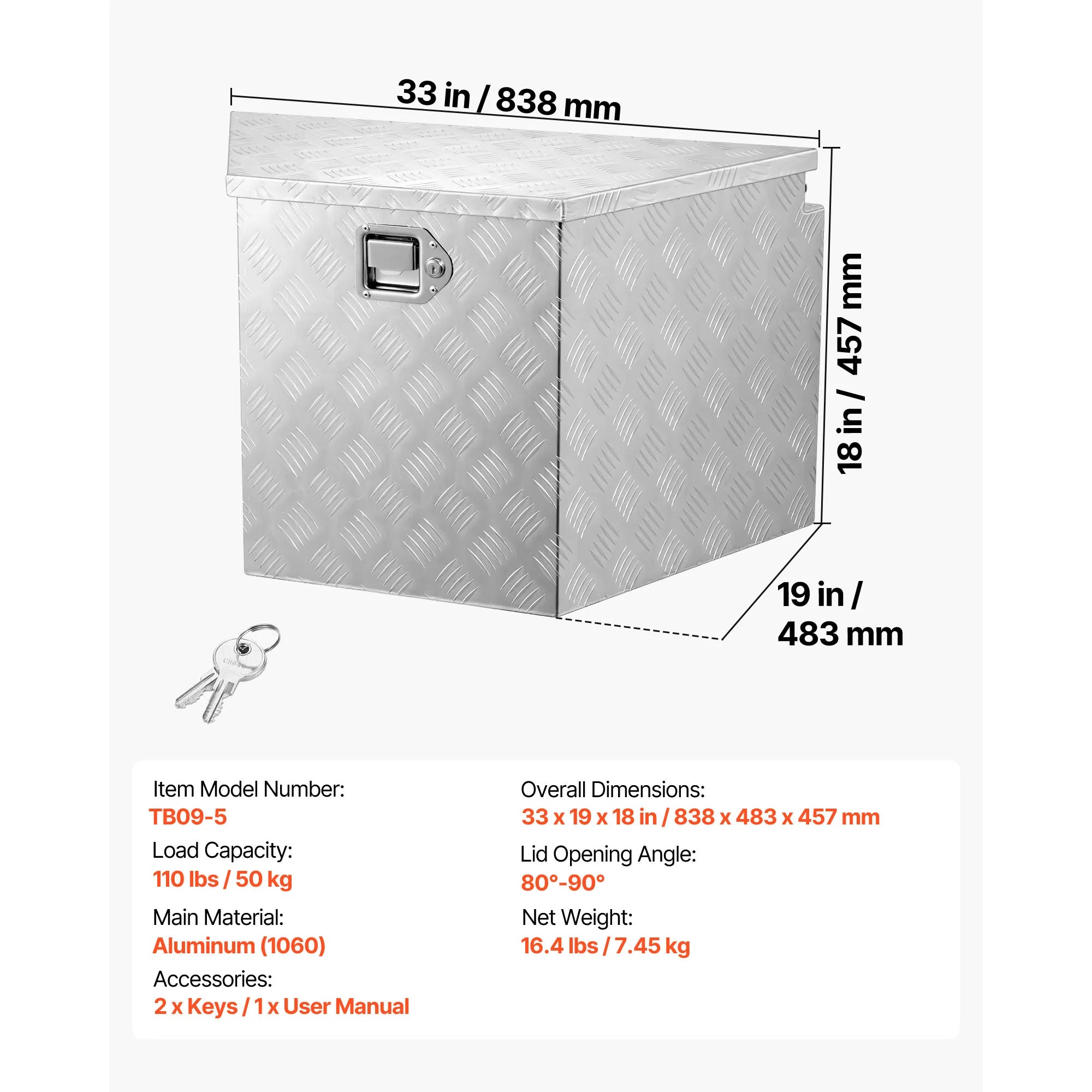 Coffre en aluminium pour timon de remorque avec serrure pour rangement de camping-car, camion et remorque